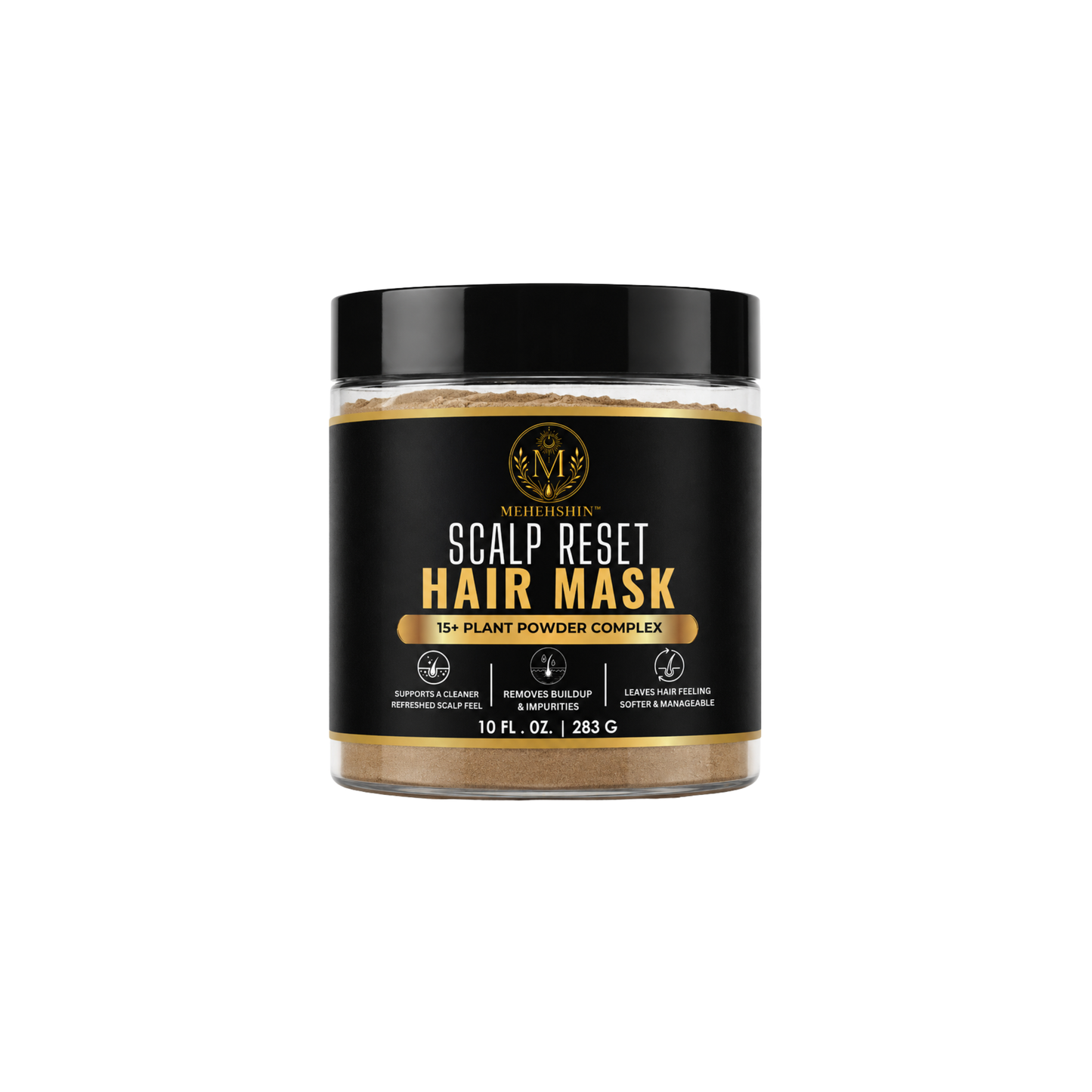 Jar of scalp reset hair mask with black lid and gold text on a white background