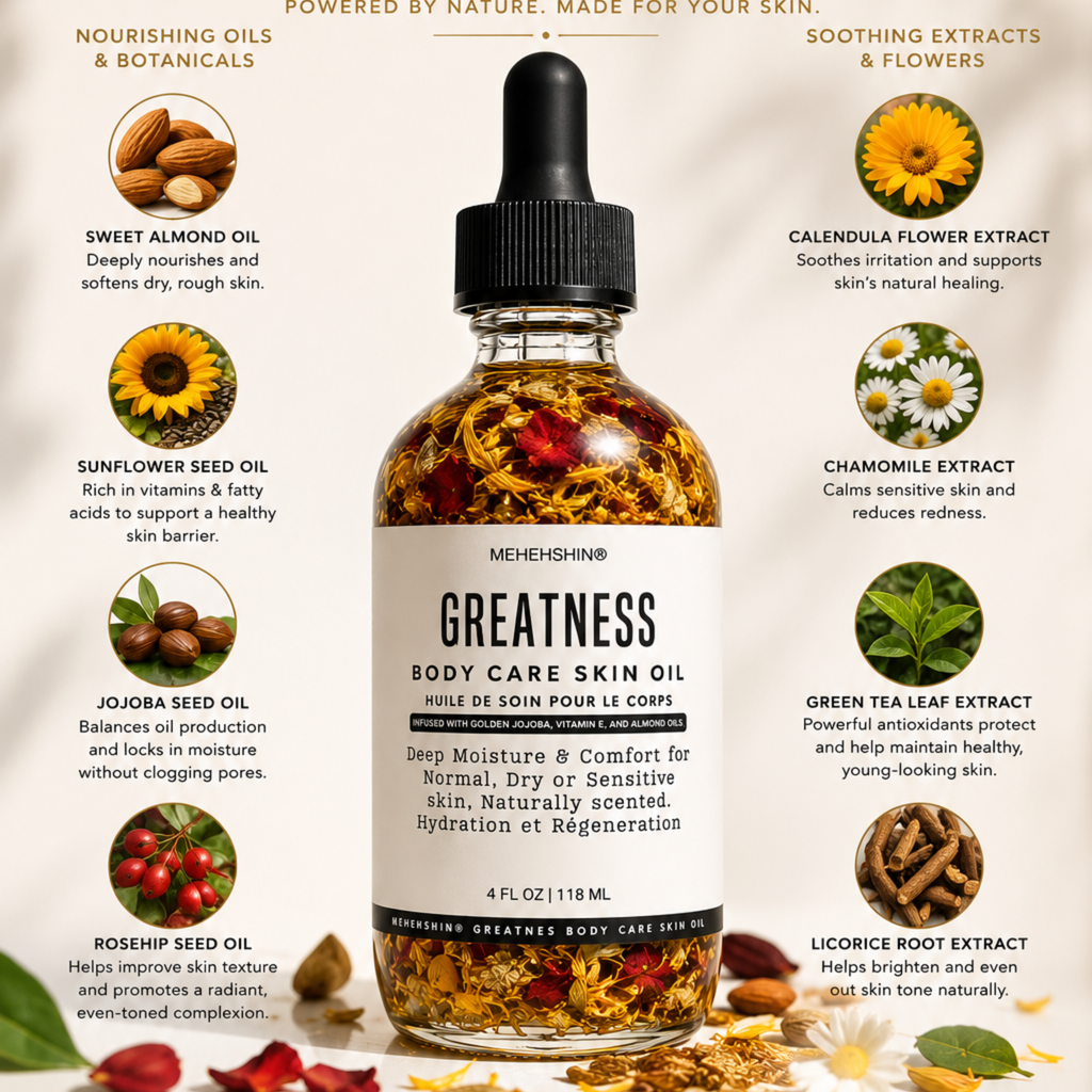 A bottle of MEHEHSHIN Greatness Body Care Skin Oil centered on a beige background with ingredient callouts around it, including sweet almond oil, sunflower seed oil, jojoba seed oil, rosehip seed oil, calendula flower extract, chamomile extract, green tea leaf extract, and licorice root extract.