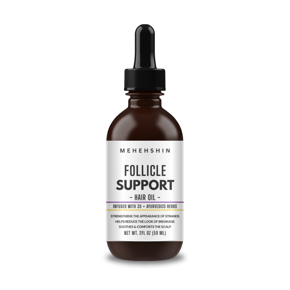 This is a 2 fl. oz of Mehehshin brand Follicle Support Hair Oil, a product designed to support hair health and growth.

This product is a hair oil specifically formulated for " Follicle Support".

It is described as a "Hair Oil' and is infused with 30+ Aromatics Herbs".

It aims to " Strengthen the appearance of strands" and " stimulates the scalp".

The Bottle contains 2 fl oz ( 59 mL ) of the product.