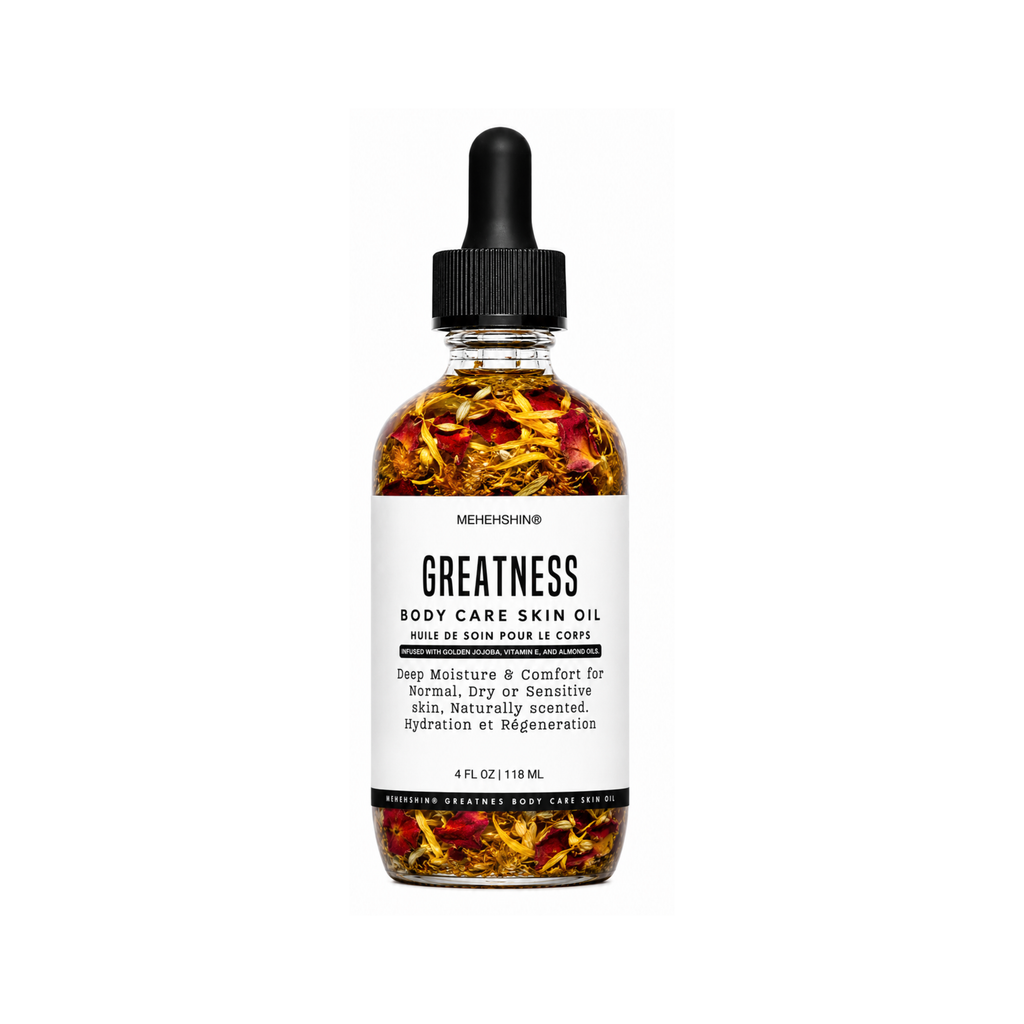 MEHEHSHIN Greatness Body Care Skin Oil 4 OZ glass dropper bottle. Moisturizer for dry skin barrier hydration.