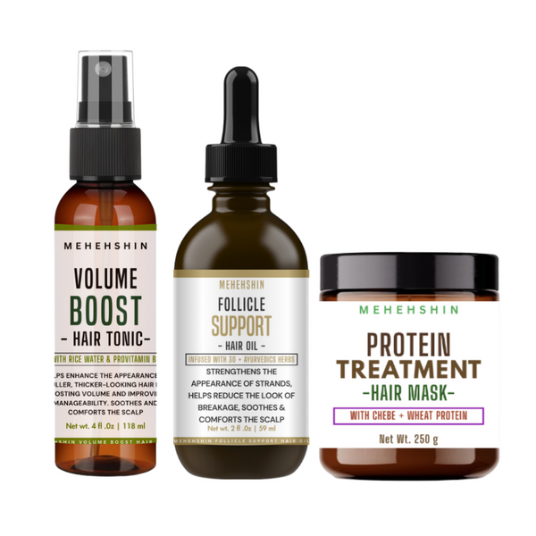 Three hair care products from Mehehshin on a white background