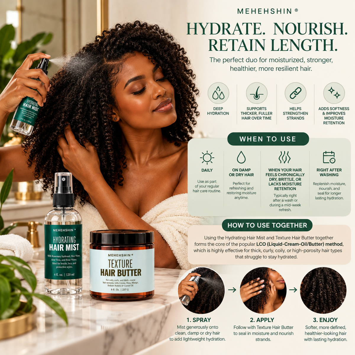 Hydrating Hair Mist & Hair Butter Set for textured, curly, coily, and natural hair types