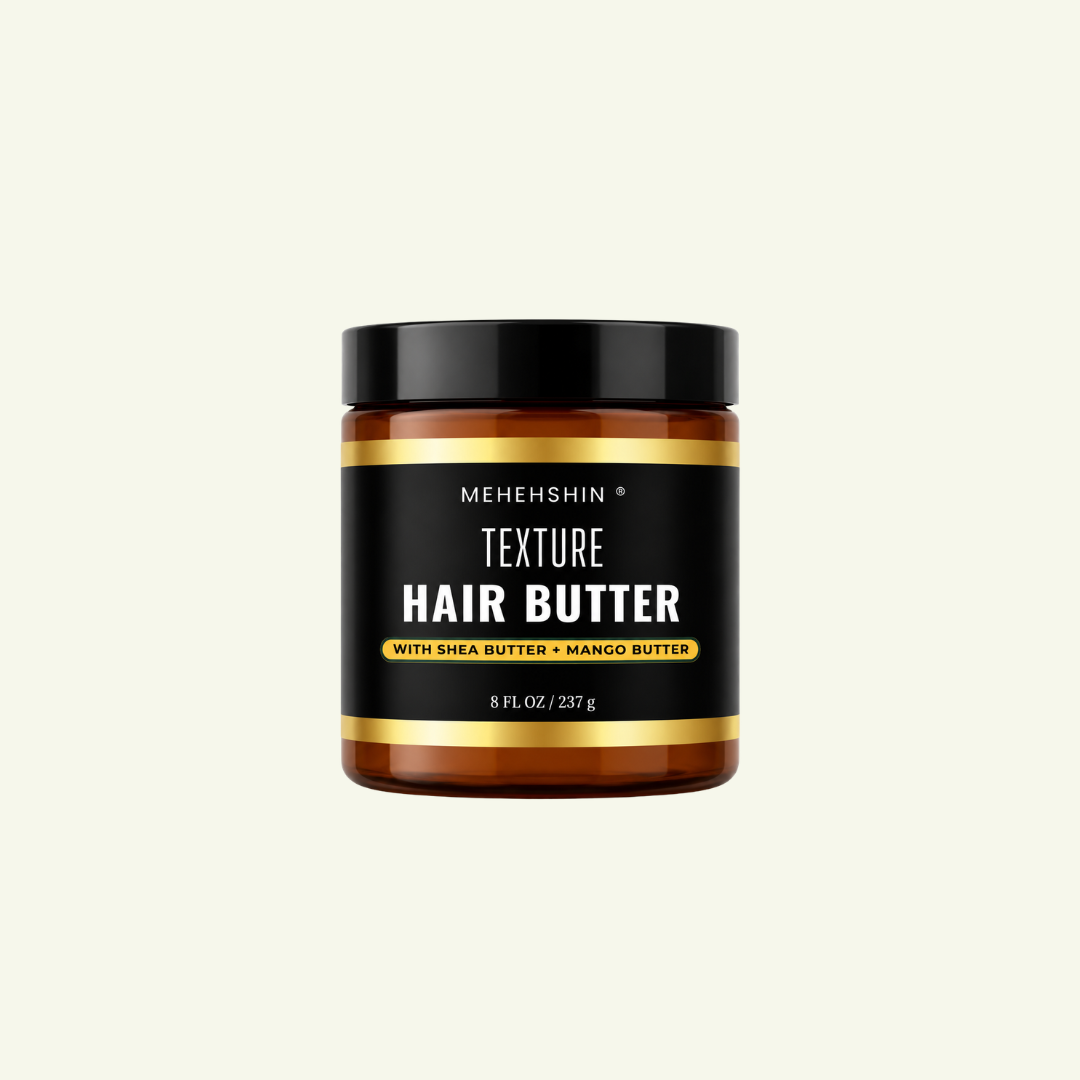 The image shows an 8 fl.oz ( 237 g) amber jar of MEHEHSHIN Texture Hair butter formulated with shea butter and Mango Butter.