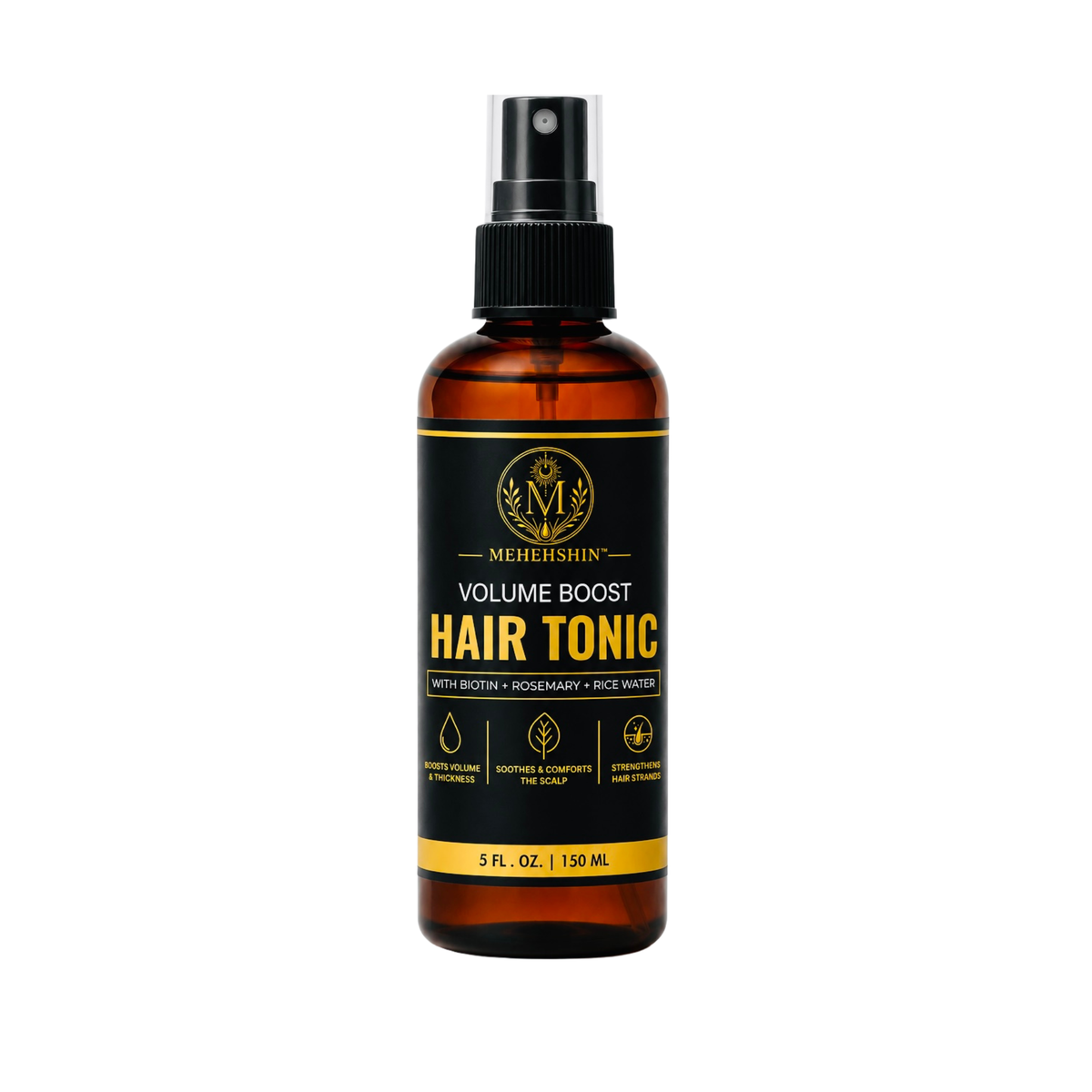 A bottle of Mehehshin Volume Boost Hair Tonic, with rosemary, and rice water on a white background.