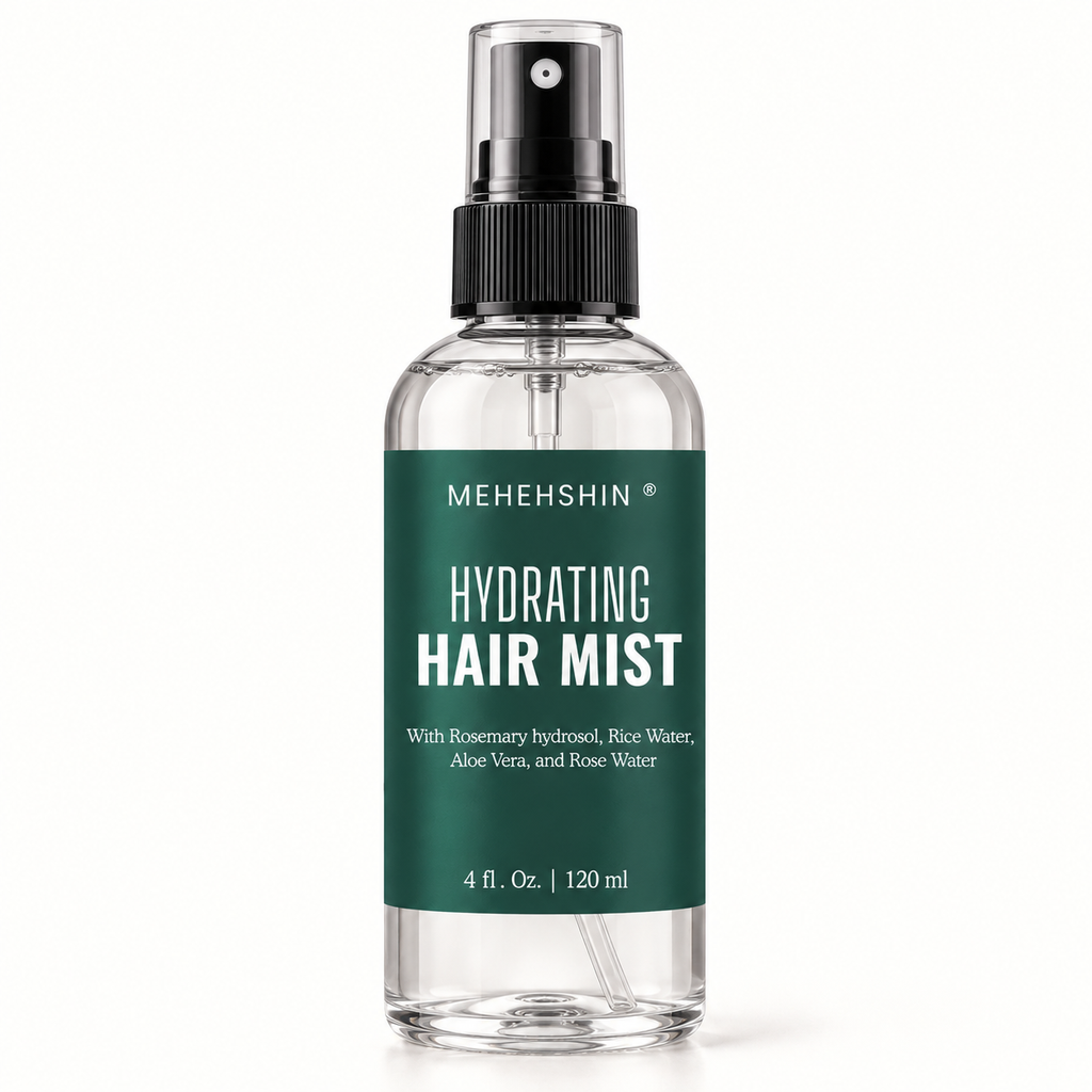 Bottle of Mehehshin Hydrating Hair Mist on a white background