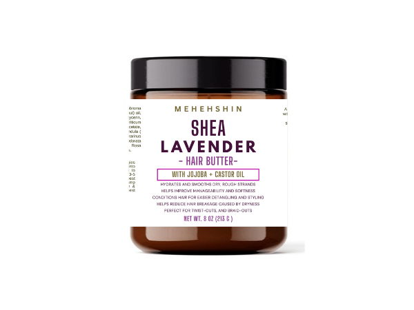 Shea lavender hair butter jar with black lid on a white background