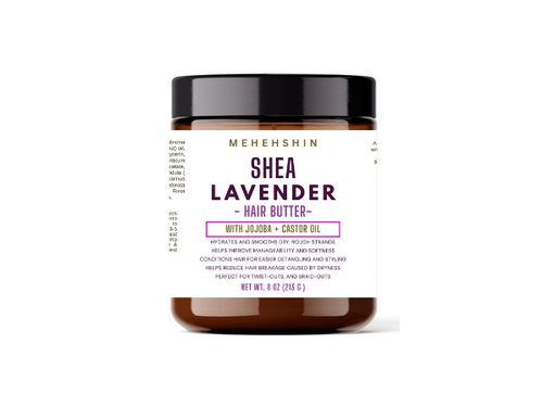 Shea lavender hair butter jar with black lid on a white background