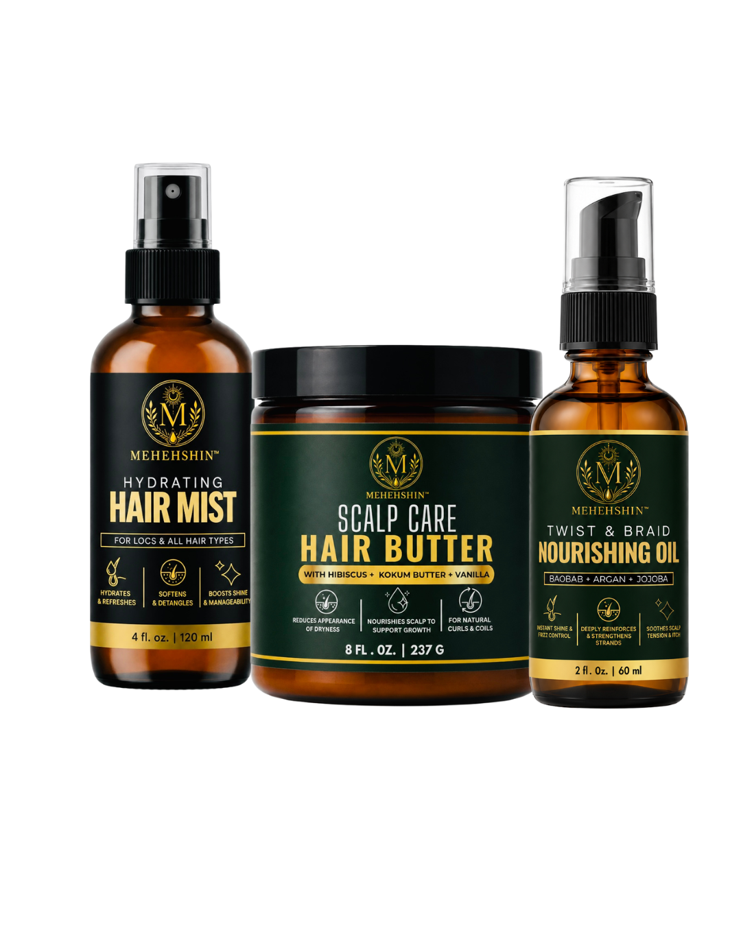 Mehehshin Moisture Lock Trio - Hair Care Bundle for Dry, Type 4 Natural Hair Hydrating Mist, Sealing Oil & Butter