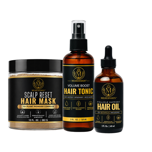 Three hair care products from Mehehshin on a white background: a Scalp Reset Hair Mask jar, a Volume Boost Hair Tonic spray bottle, and a Follicle Support Hair Oil dropper bottle.