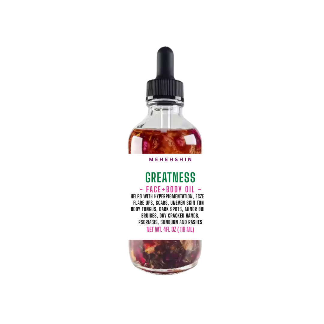 Bottle of Mehehshin Face and Body Oil on a white background