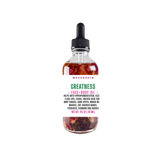 Bottle of Mehehshin Face and Body Oil on a white background