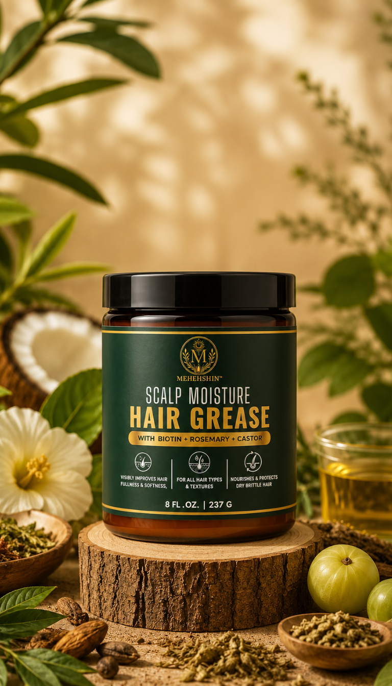 A jar of Mehehshin Scalp Moisture Hair Grease sits on a rustic wooden slice pedestal, surrounded by natural ingredients like green tea, neem, castor oil, and a white flower against a warm, sun-dappled background.
