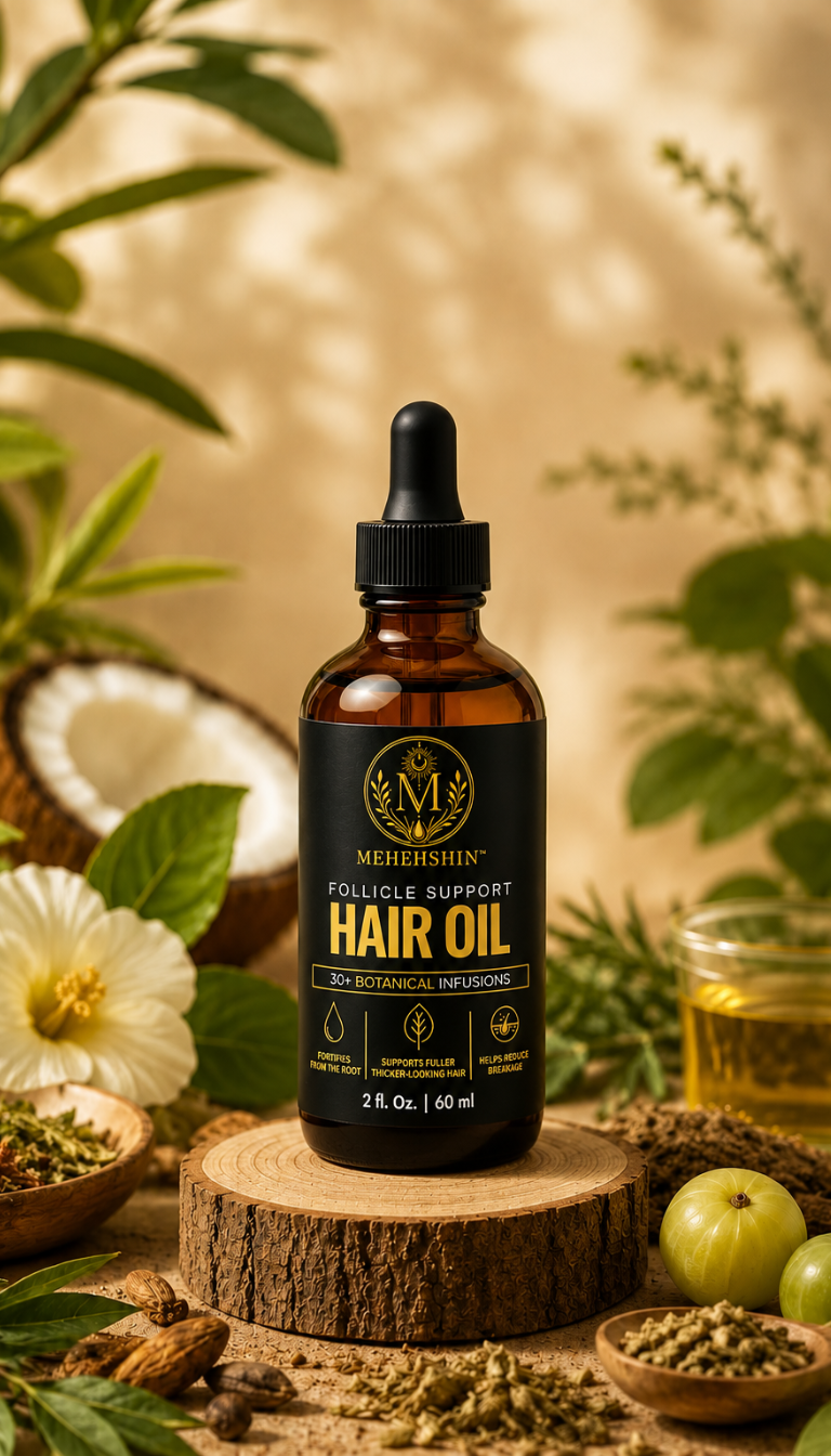 Meheshin Follicle Support Hair Oil in an amber glass dropper bottle, styled on a wooden slice with natural ingredients like a coconut, green leaves, and a white flower against a warm golden background.