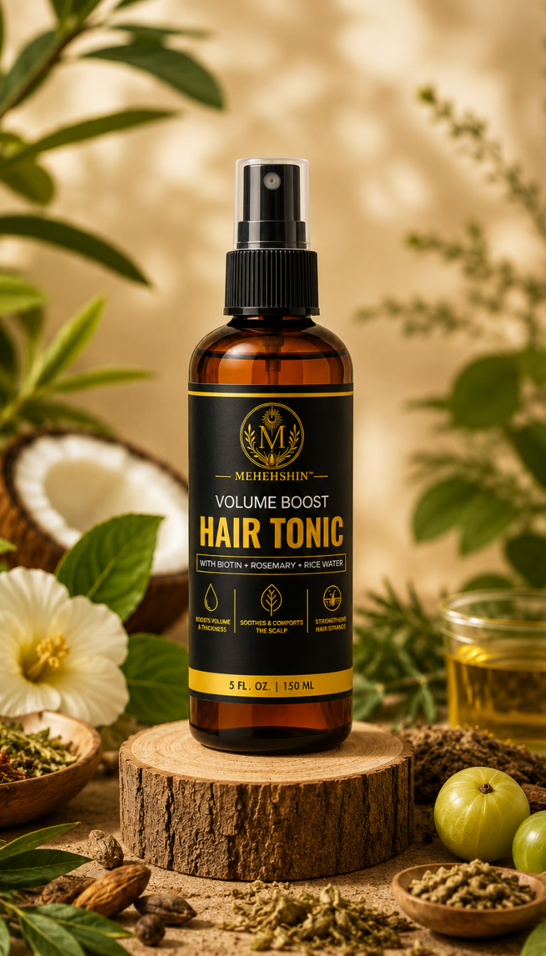 An amber glass bottle of MEHEHSHIN Hair Tonic with a black spray top and black label, displayed on a wooden slice surrounded by natural ingredients like amla, turmeric, and herbs against a warm golden background.