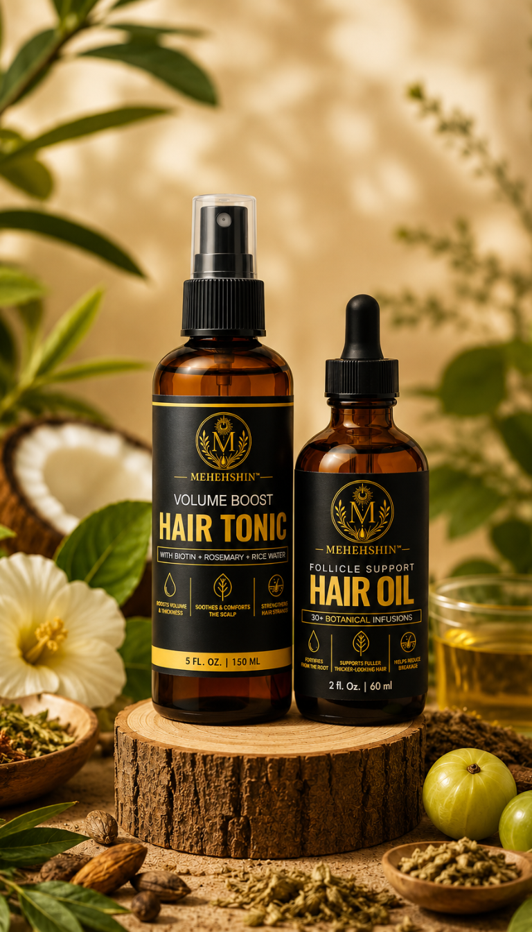 Two amber glass hair care bottles from MEHEHSHIN on a rustic wood slice stand, surrounded by botanical props including green leaves, a white flower, whole grains, and green olives. The larger bottle is labeled Volume Boost Hair Tonic, and the smaller bottle is labeled Follicle Support Hair Oil.
