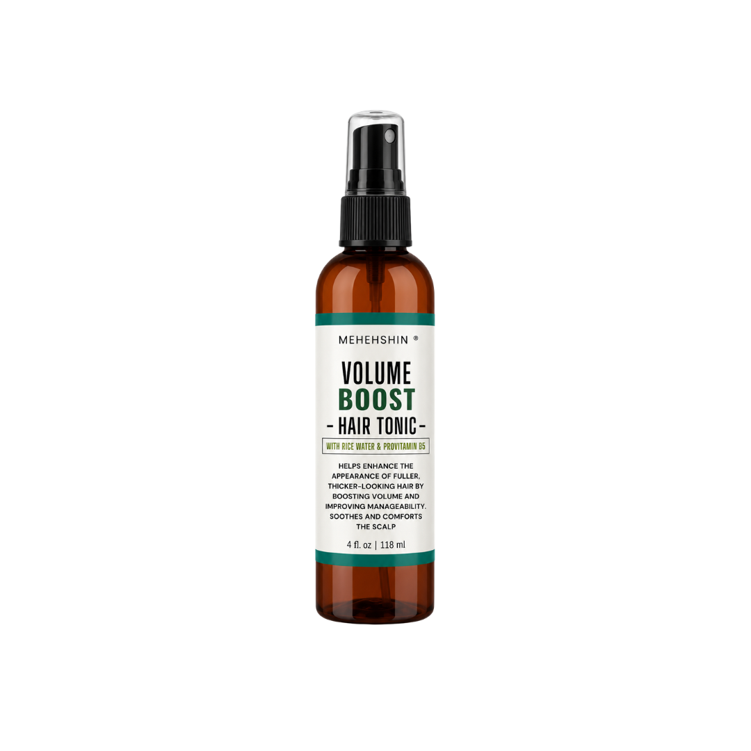 MEHEHSHIN VOLUME BOOST HAIR TONIC WITH RICE WATER & PRO VITAMIN B5 ON A WHITE BACKGROUND. 